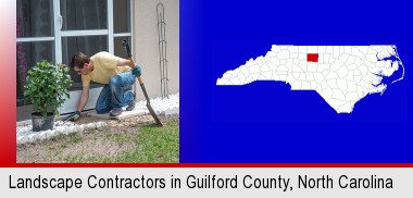 a landscape contractor working on a landscaping project; Guilford County highlighted in red on a map