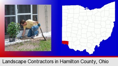 a landscape contractor working on a landscaping project; Hamilton County highlighted in red on a map