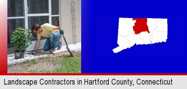 a landscape contractor working on a landscaping project; Hartford County highlighted in red on a map