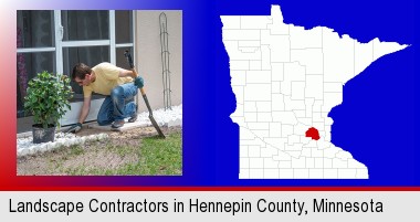 a landscape contractor working on a landscaping project; Hennepin County highlighted in red on a map