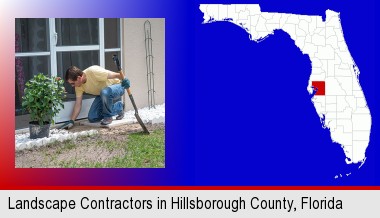 a landscape contractor working on a landscaping project; Hillsborough County highlighted in red on a map