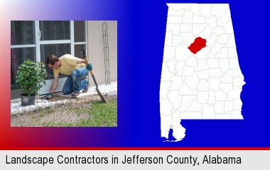 a landscape contractor working on a landscaping project; Jefferson County highlighted in red on a map