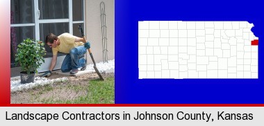 a landscape contractor working on a landscaping project; Johnson County highlighted in red on a map
