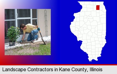 a landscape contractor working on a landscaping project; Kane County highlighted in red on a map