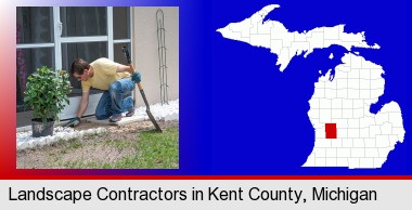 a landscape contractor working on a landscaping project; Kent County highlighted in red on a map