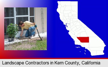 a landscape contractor working on a landscaping project; Kern County highlighted in red on a map