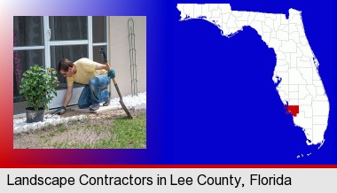a landscape contractor working on a landscaping project; Lee County highlighted in red on a map