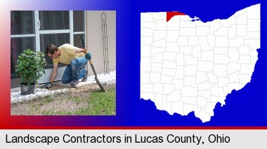 a landscape contractor working on a landscaping project; Lucas County highlighted in red on a map