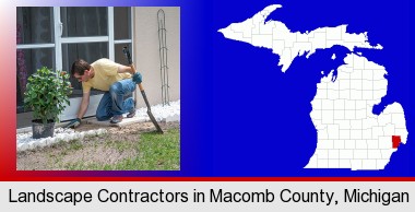 a landscape contractor working on a landscaping project; Macomb County highlighted in red on a map