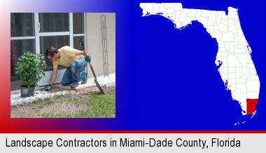 a landscape contractor working on a landscaping project; Miami-Dade County highlighted in red on a map