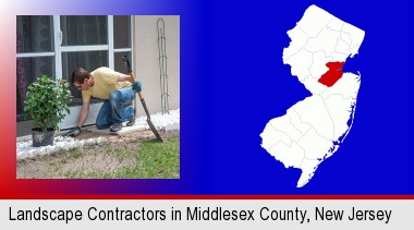 a landscape contractor working on a landscaping project; Middlesex County highlighted in red on a map