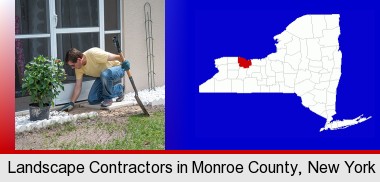 a landscape contractor working on a landscaping project; Monroe County highlighted in red on a map
