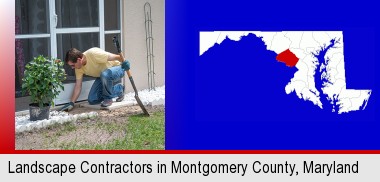 a landscape contractor working on a landscaping project; Montgomery County highlighted in red on a map