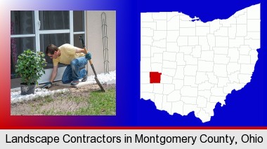 a landscape contractor working on a landscaping project; Montgomery County highlighted in red on a map