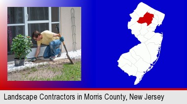 a landscape contractor working on a landscaping project; Morris County highlighted in red on a map