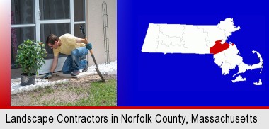 a landscape contractor working on a landscaping project; Norfolk County highlighted in red on a map