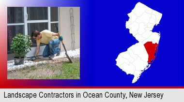 a landscape contractor working on a landscaping project; Ocean County highlighted in red on a map