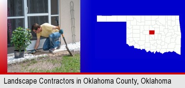 a landscape contractor working on a landscaping project; Oklahoma County highlighted in red on a map