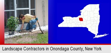 a landscape contractor working on a landscaping project; Onondaga County highlighted in red on a map