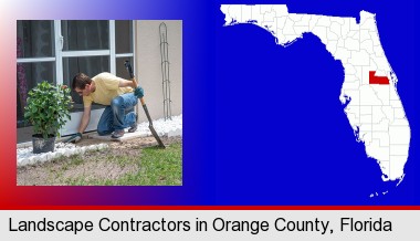 a landscape contractor working on a landscaping project; Orange County highlighted in red on a map