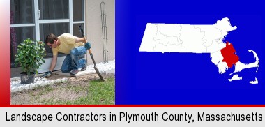a landscape contractor working on a landscaping project; Plymouth County highlighted in red on a map