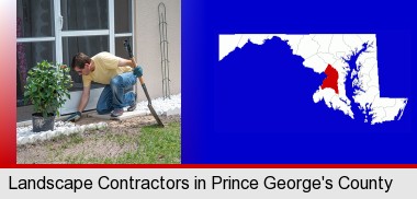 a landscape contractor working on a landscaping project; Prince George's County highlighted in red on a map