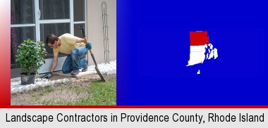 a landscape contractor working on a landscaping project; Providence County highlighted in red on a map