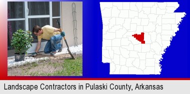 a landscape contractor working on a landscaping project; Pulaski County highlighted in red on a map
