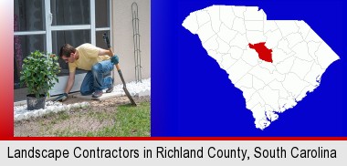 a landscape contractor working on a landscaping project; Richland County highlighted in red on a map