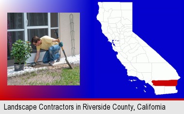 a landscape contractor working on a landscaping project; Riverside County highlighted in red on a map