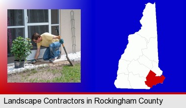 a landscape contractor working on a landscaping project; Rockingham County highlighted in red on a map