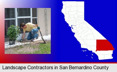 a landscape contractor working on a landscaping project; San Bernardino County highlighted in red on a map