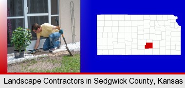 a landscape contractor working on a landscaping project; Sedgwick County highlighted in red on a map