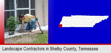 a landscape contractor working on a landscaping project; Shelby County highlighted in red on a map