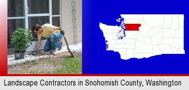 a landscape contractor working on a landscaping project; Snohomish County highlighted in red on a map
