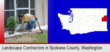 a landscape contractor working on a landscaping project; Spokane County highlighted in red on a map