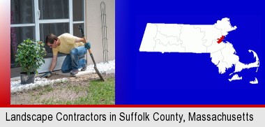 a landscape contractor working on a landscaping project; Suffolk County highlighted in red on a map