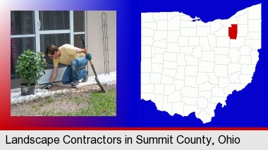 a landscape contractor working on a landscaping project; Summit County highlighted in red on a map